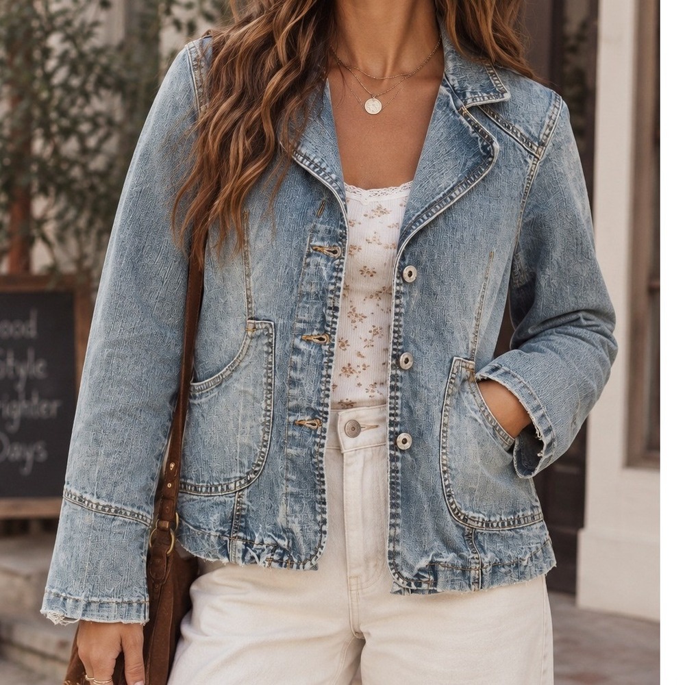 Bongo Authentic Womens Light Wash Denim Blazer Jacket Size 5 Frayed Hem Y2K